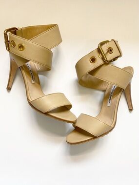 Manolo Blahnik Beige Tan Leather Ankle-Strap Sandals 37